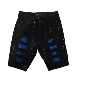 Waimea Paint Splatter Ripped Black Denim Shorts Skinny Fit Frayed Men's 30
